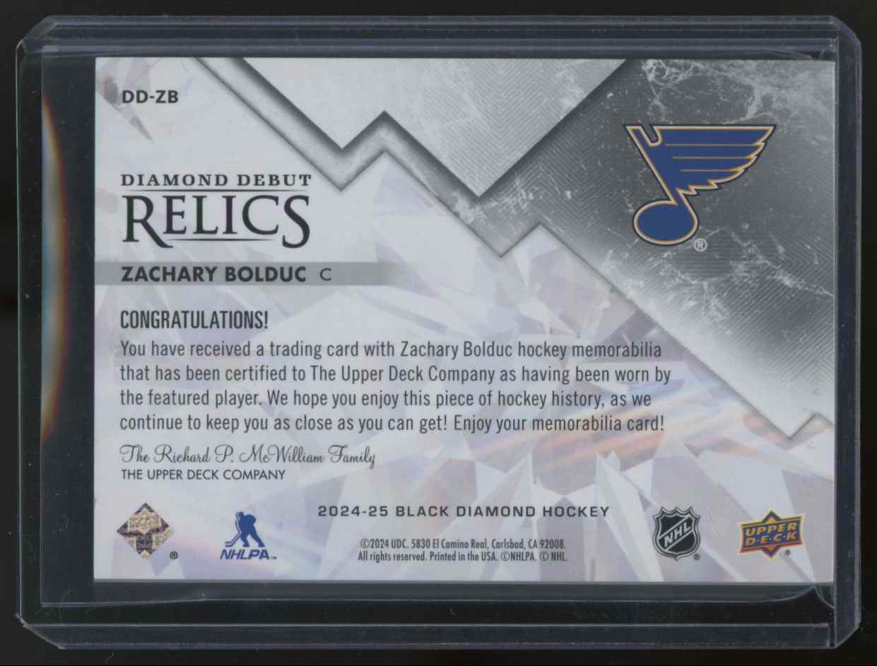 2024-25 Upper Deck Black Diamond Debut Relics Jersey Zachary Bolduc #DD-ZB card back image