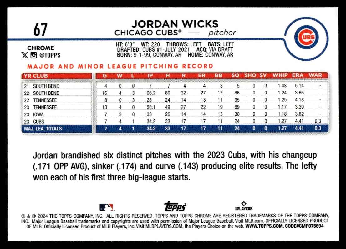 2024 Topps Chrome Jordan Wicks #67 card back image