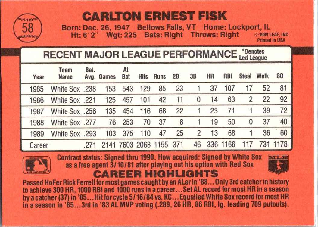 1990 Donruss Carlton Fisk #58 card back image