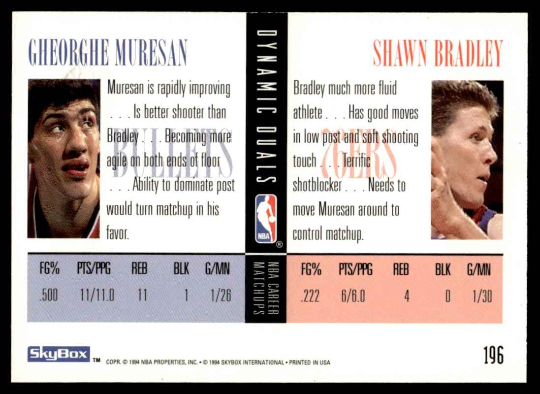 1994-95 SkyBox Dynamic Duals Gheorghe Muresan/Shawn Bradley #196 card back image