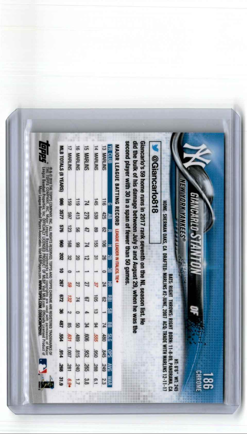 2018 Topps Chrome Negative Refractor Giancarlo Stanton #186 card back image