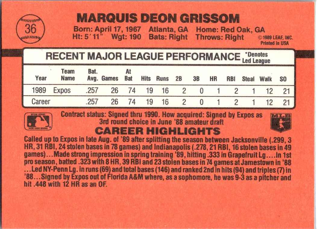 1990 Donruss Marquis Grissom #36 card back image