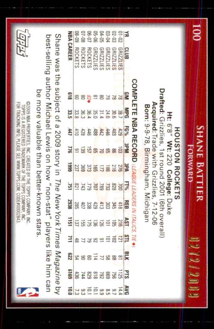 2009-10 Topps Gold Shane Battier #100 card back image