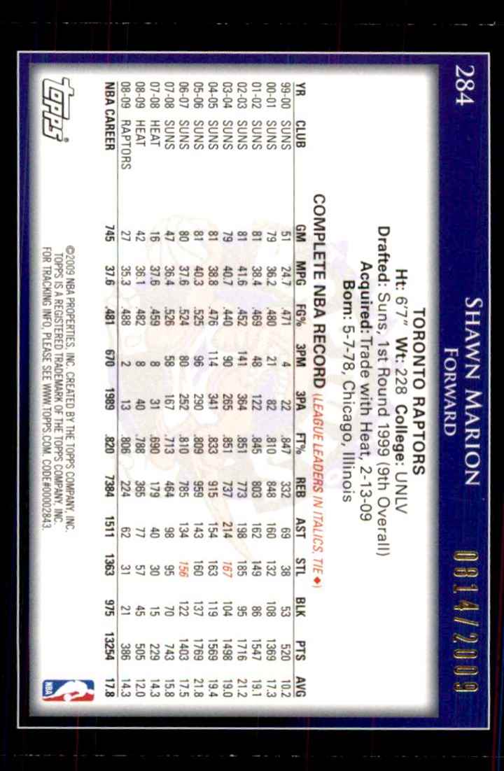 2009-10 Topps Gold Shawn Marion #284 card back image