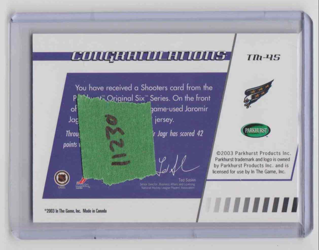 2003-04 Parkhurst Original Six Shooters Vs Toronto Mapple Leafs Jersey Jaromir Jagr #TM-45 card back image
