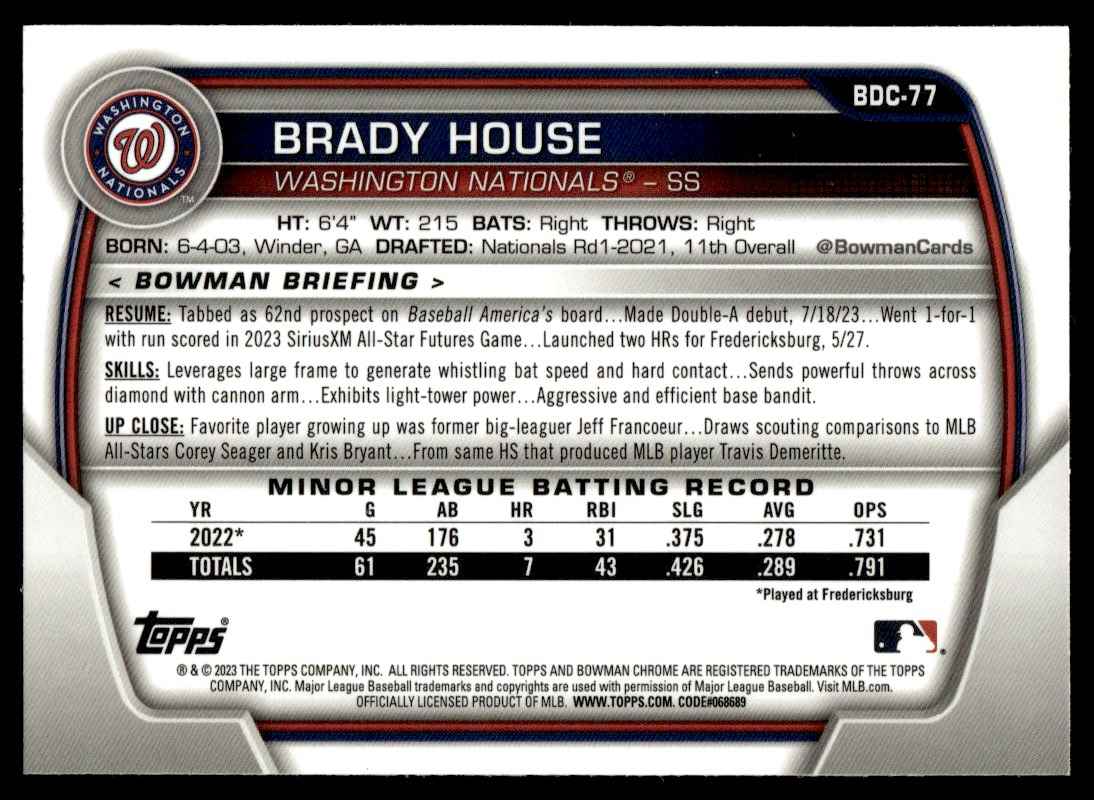 2023 Bowman Draft Chrome Brady House #BDC-77 card back image