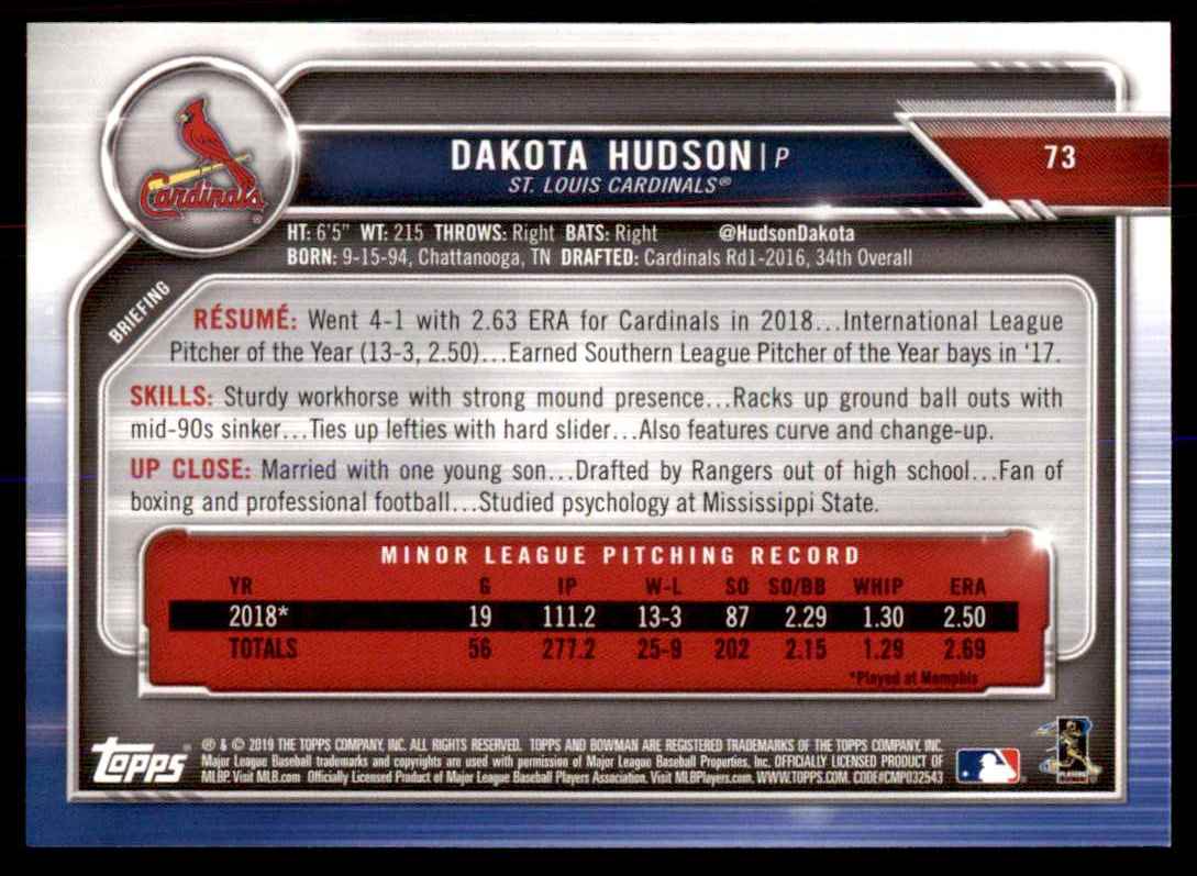 2019 Bowman Dakota Hudson #73 card back image