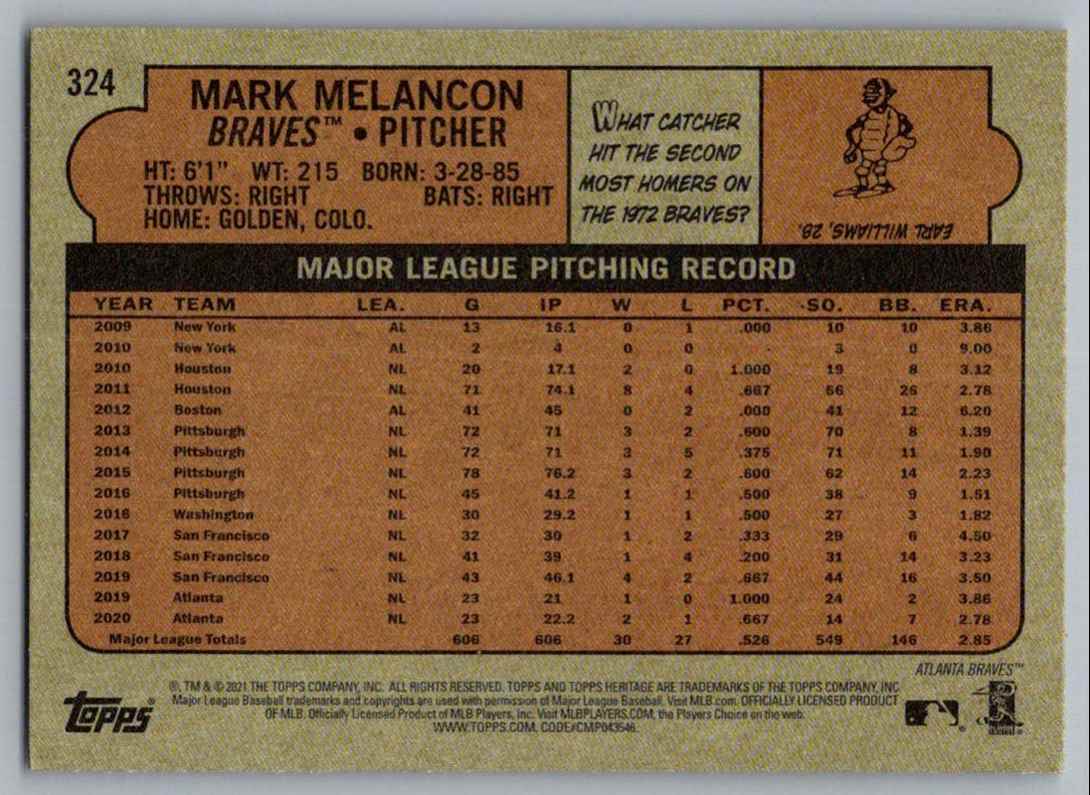 2021 Topps Heritage Mark Melancon #324 card back image