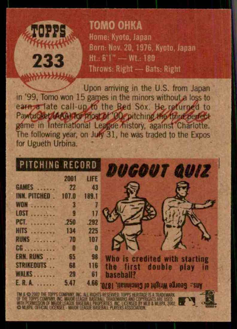 2002 Topps Heritage Tomo Ohka #233 card back image