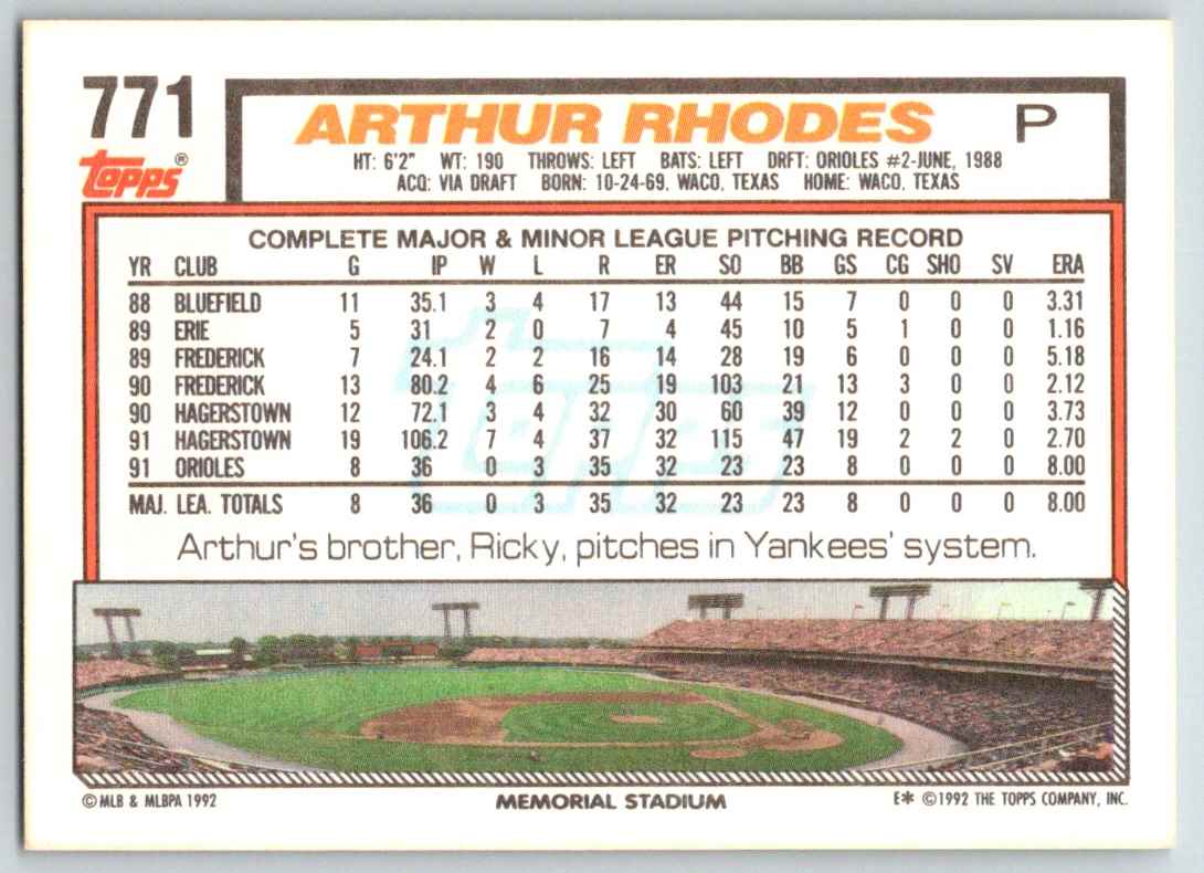 1992 Topps Arthur Rhodes #771 card back image