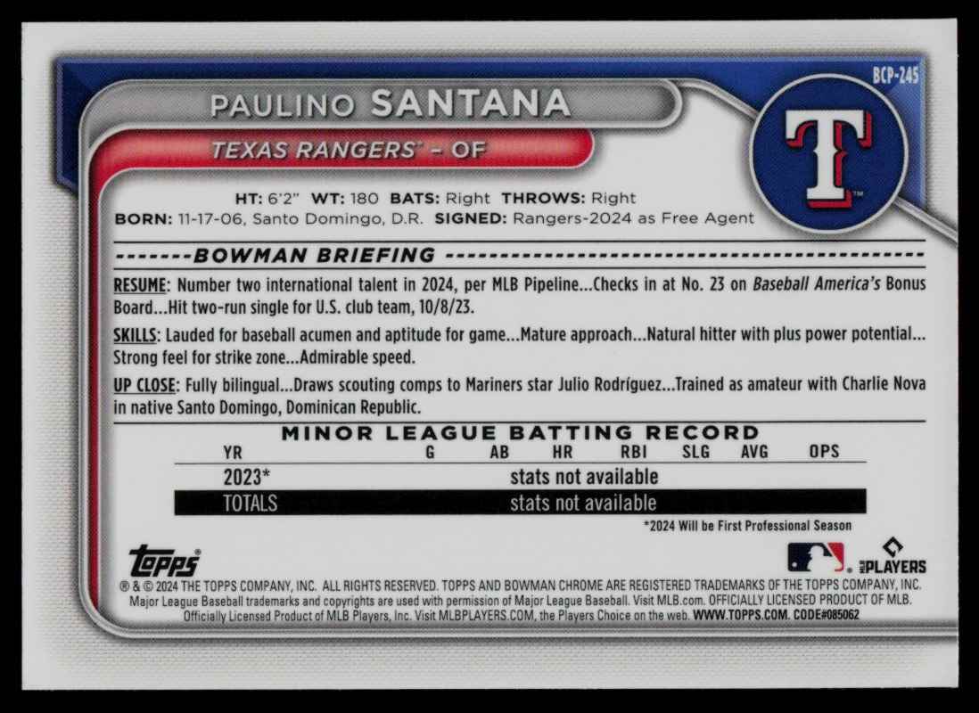 2024 Bowman Chrome Prospects Paulino Santana #BCP-245 card back image