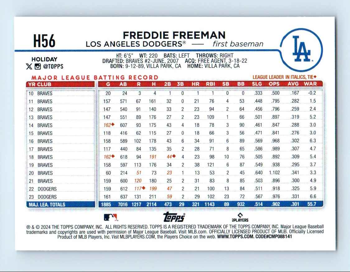 2024 Topps Holiday Silver Glitter Freddie Freeman #H56 card back image