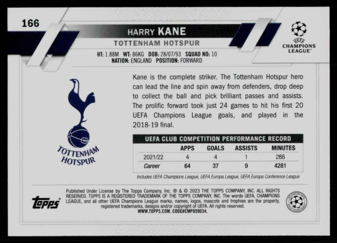 2022 Topps UEFA Harry Kane #166 card back image
