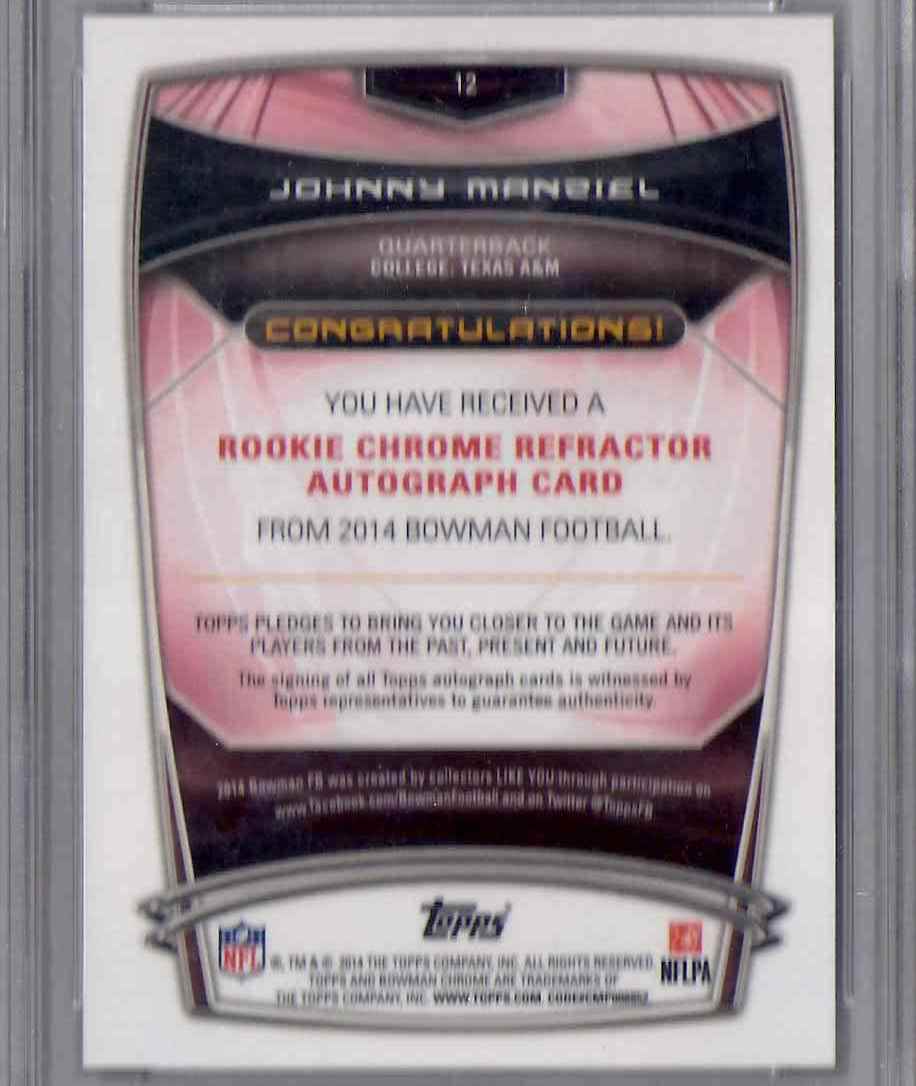 2014 Bowman Chrome Rookie Autographs Orange Refractors Johnny Manziel #12 card back image