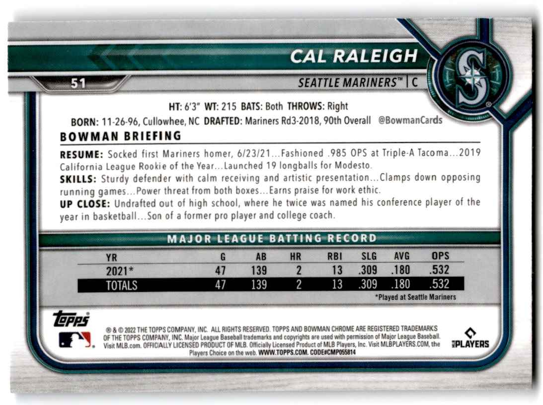 2022 Bowman Chrome Cal Raleigh #51 card back image