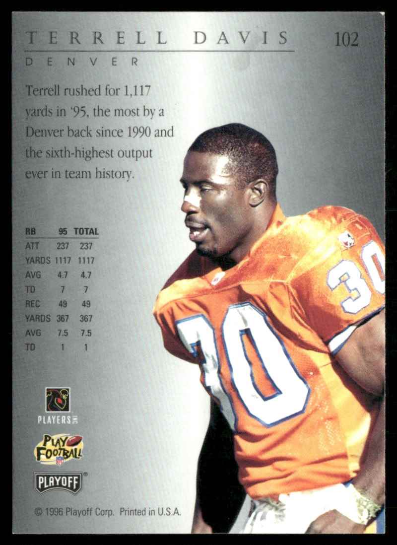 1996 Playoff Trophy Contenders Terrell Davis #102 card back image