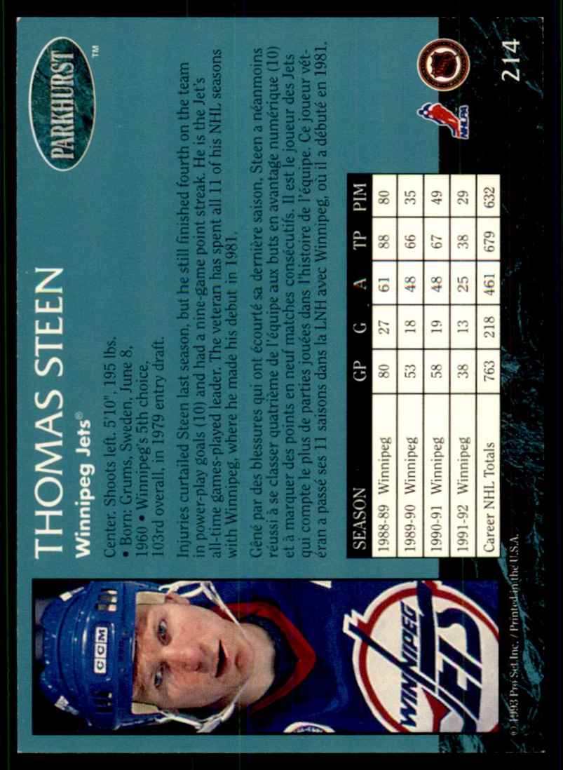 1992-93 Parkhurst Thomas Steen #214 card back image