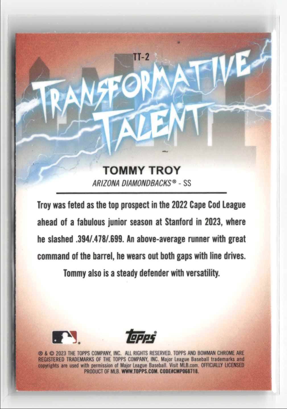 2023 Bowman Draft Transformative Talent Tommy Troy #TT-2 card back image