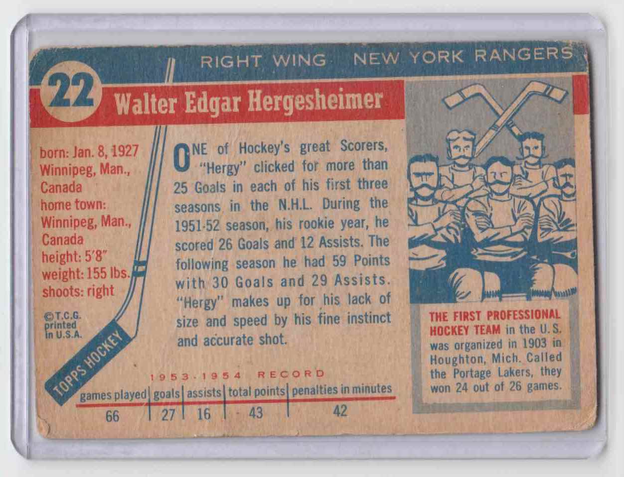 1954-55 Topps Walter Hergesheimer #22 card back image