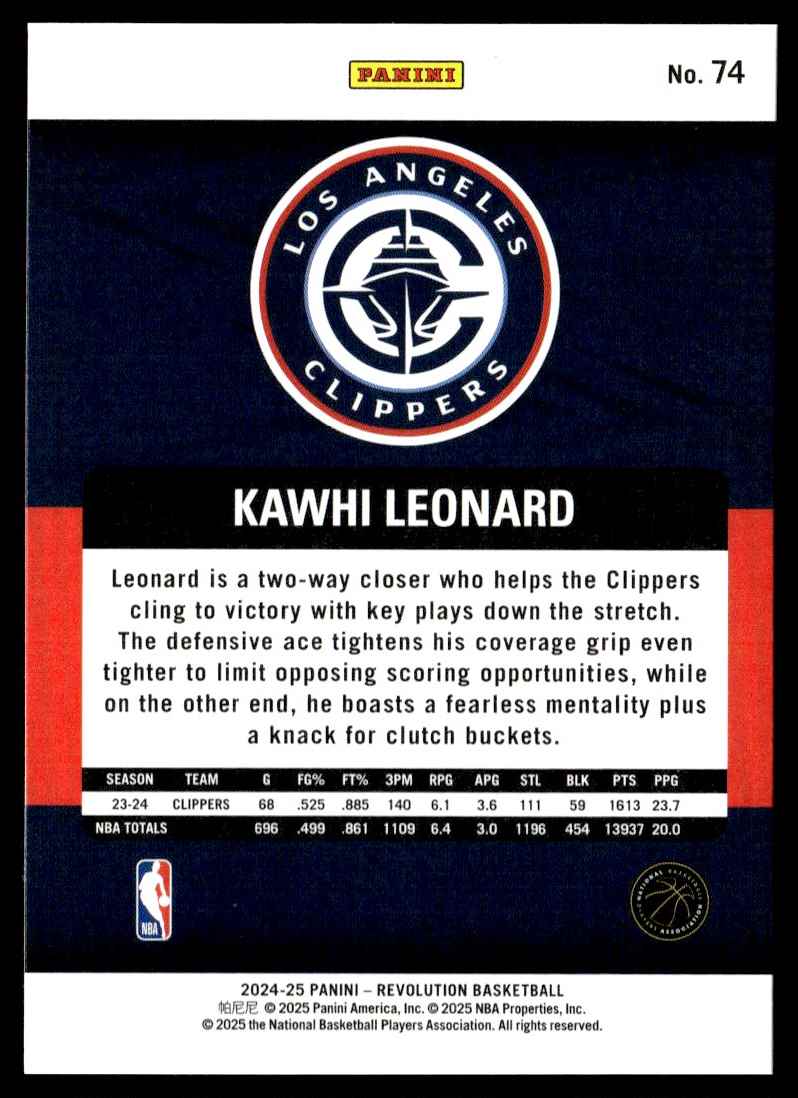 2024-25 Panini Revolution Kawhi Leonard #74 card back image