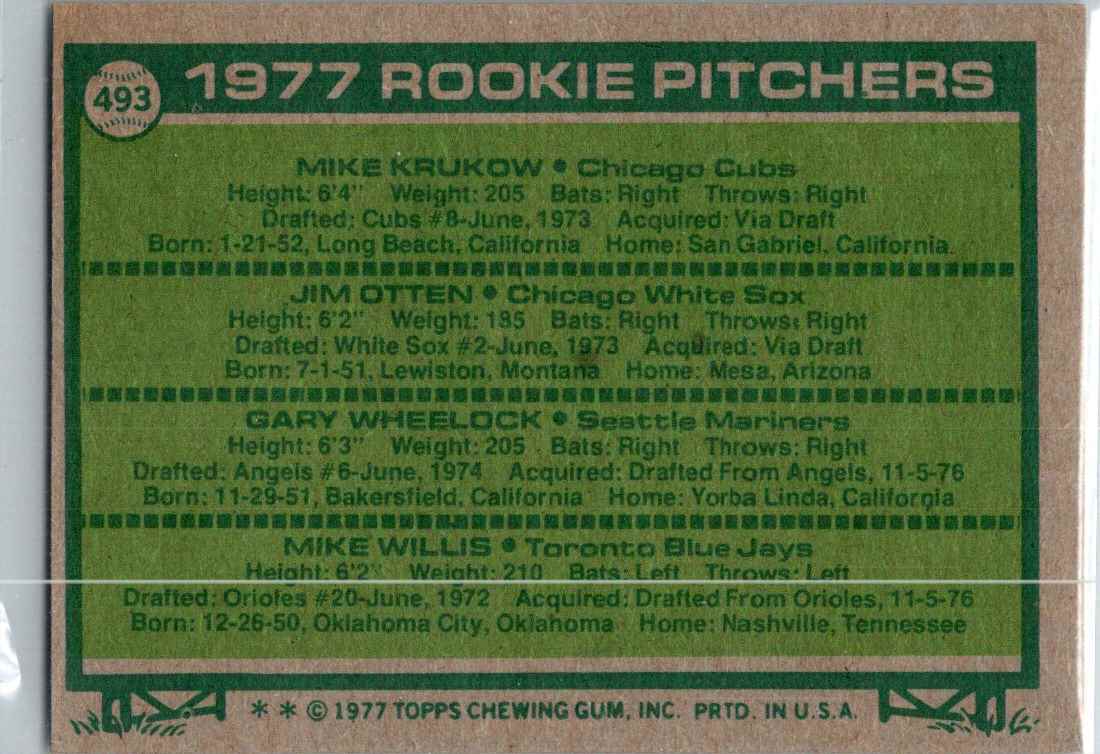 1977 Topps Rookie Pitchers - Mike Krukow/Jim Otten/Gary Wheelock/Mike Willis #493 card back image