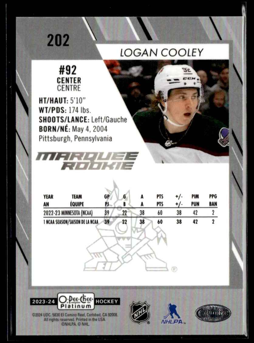 2023-24 O-Pee-Chee Platinum Shield Logan Cooley #202 card back image