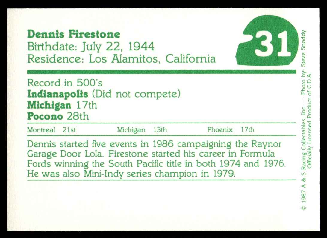1987 PPF Indiy Cars Dennis Firestone #31 card back image