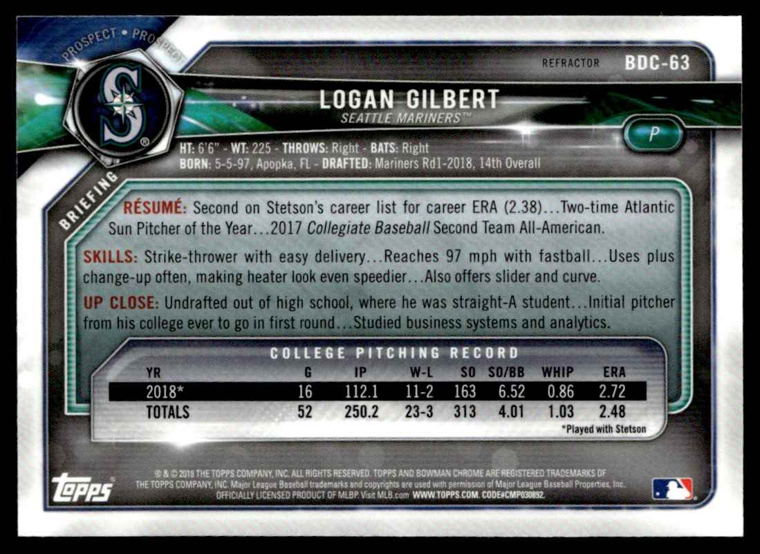 2018 Bowman Draft Chrome Refractor 1st Logan Gilbert #BDC-63 card back image