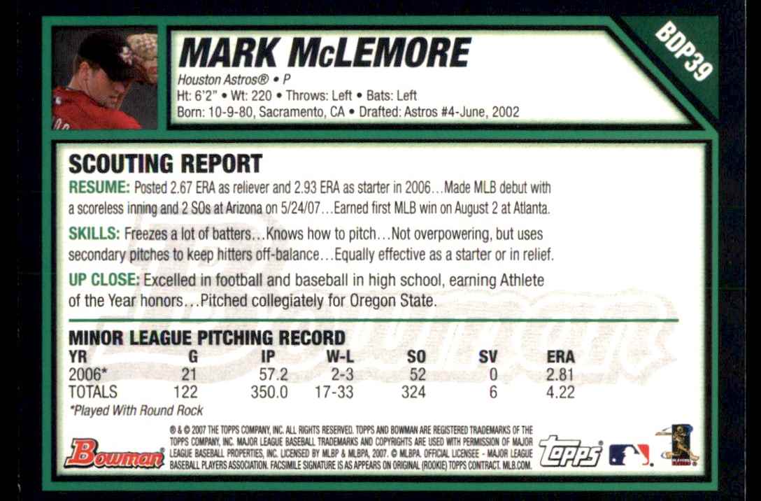 2007 Bowman Draft Picks & Prospects Mark McLemore (P) #BDP39 card back image