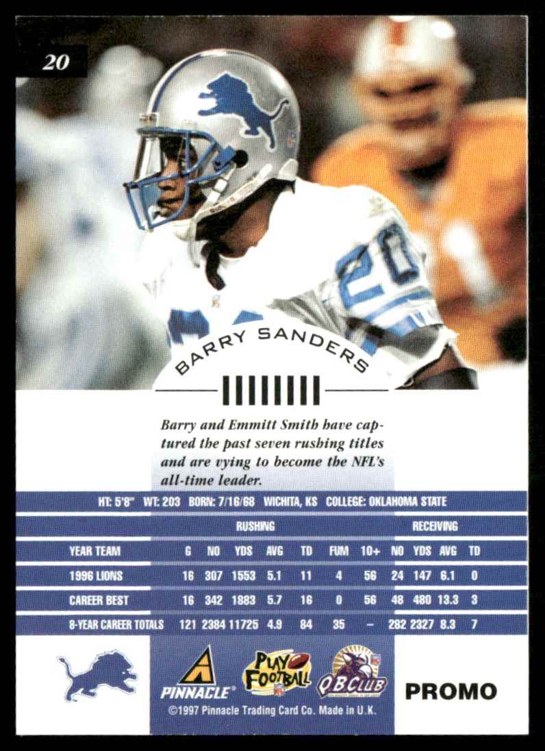 1997 Pinnacle Inscriptions Promo Barry Sanders #20 card back image