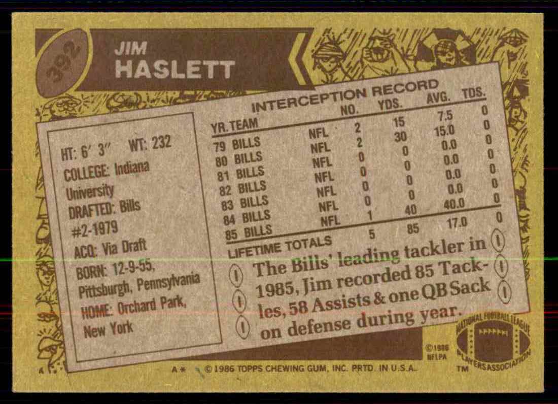 1986 Topps Jim Haslett #392 card back image