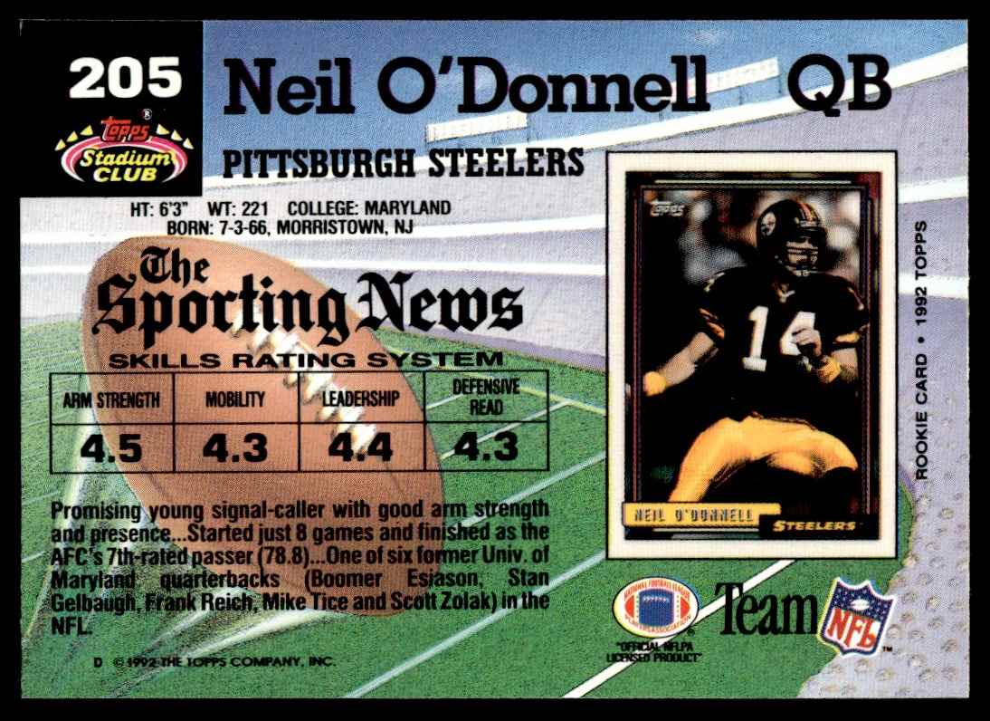 1992 Stadium Club Neil O'Donnell #205 card back image