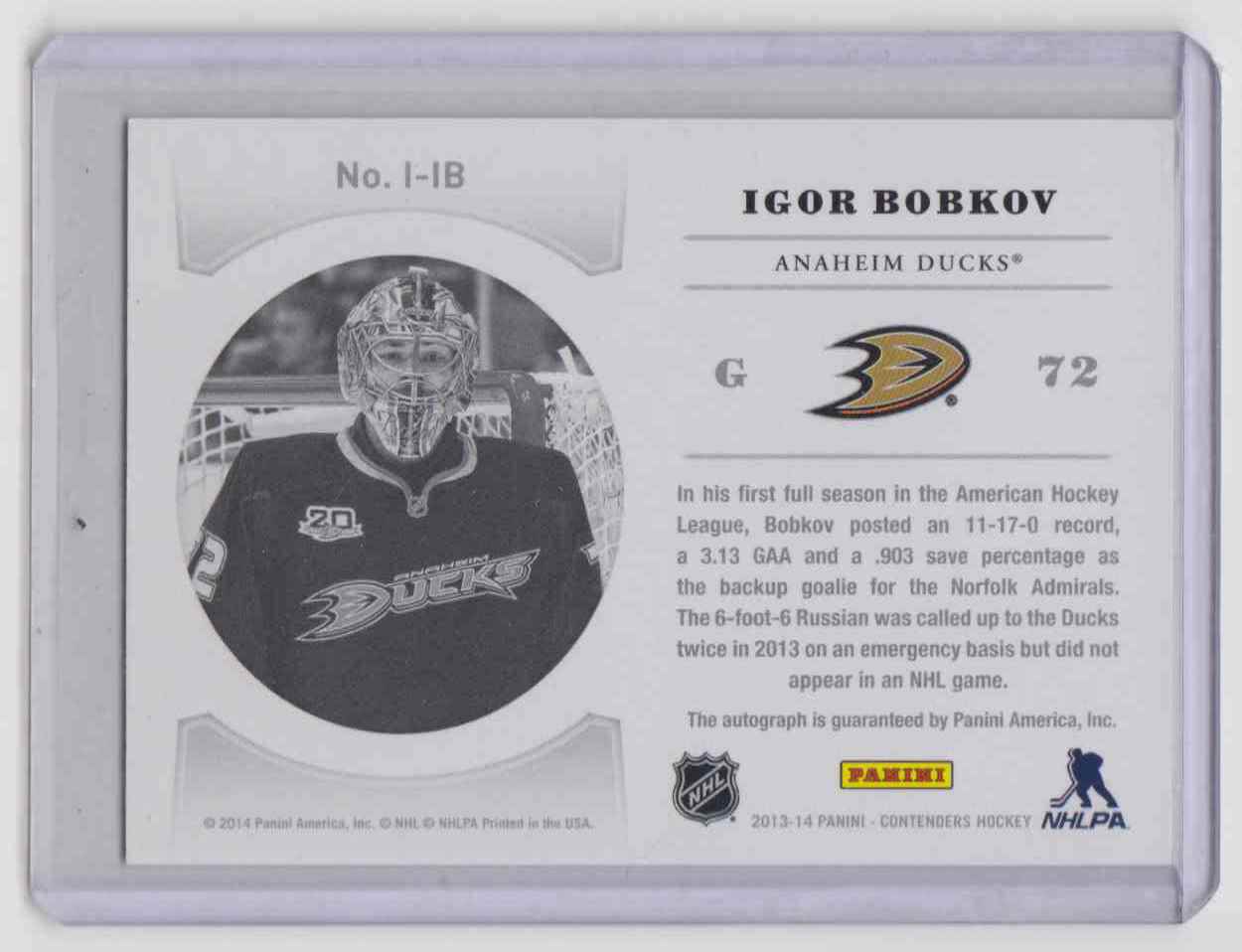 2013-14 Panini Contenders NHL Ink Igor Bobkov #I-IB card back image