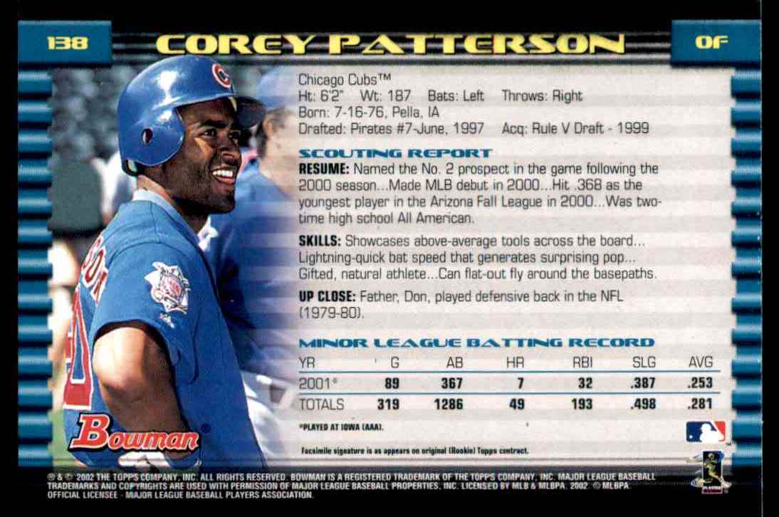 2002 Bowman Bowman Corey Patterson #138 card back image