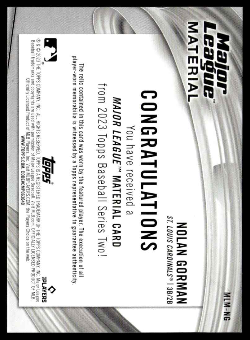 2023 Topps Major League Material Nolan Gorman #88BA-NGO card back image