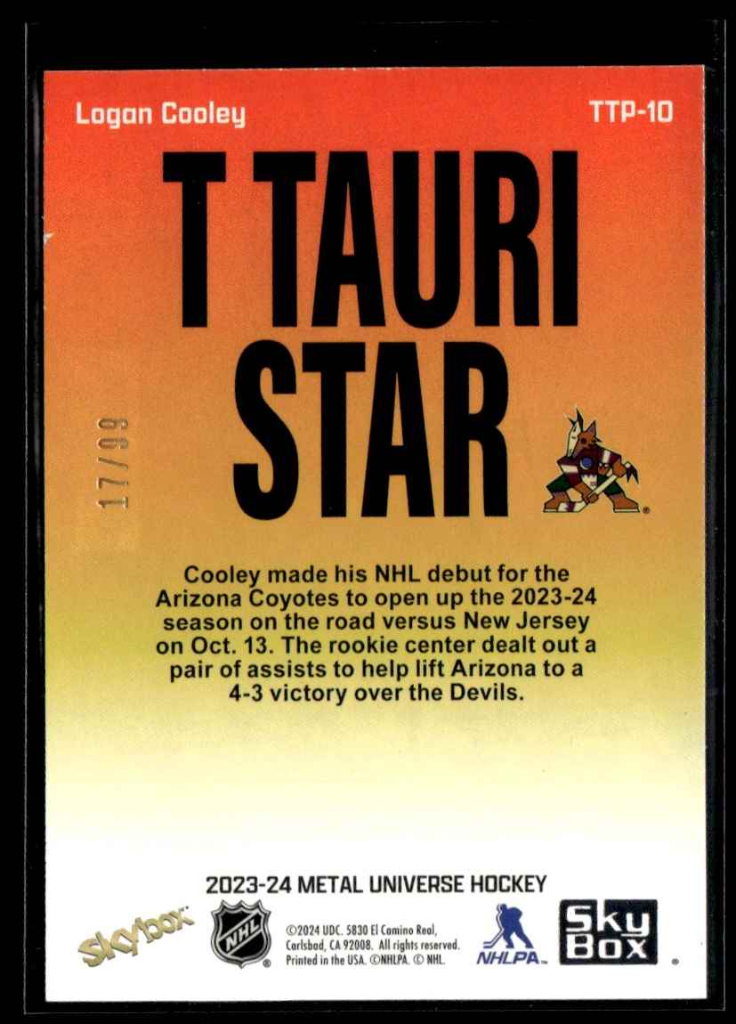 2023-24 SkyBox Metal Universe T Tauri Phase Gold Parallel Logan Cooley #TTP-10 card back image