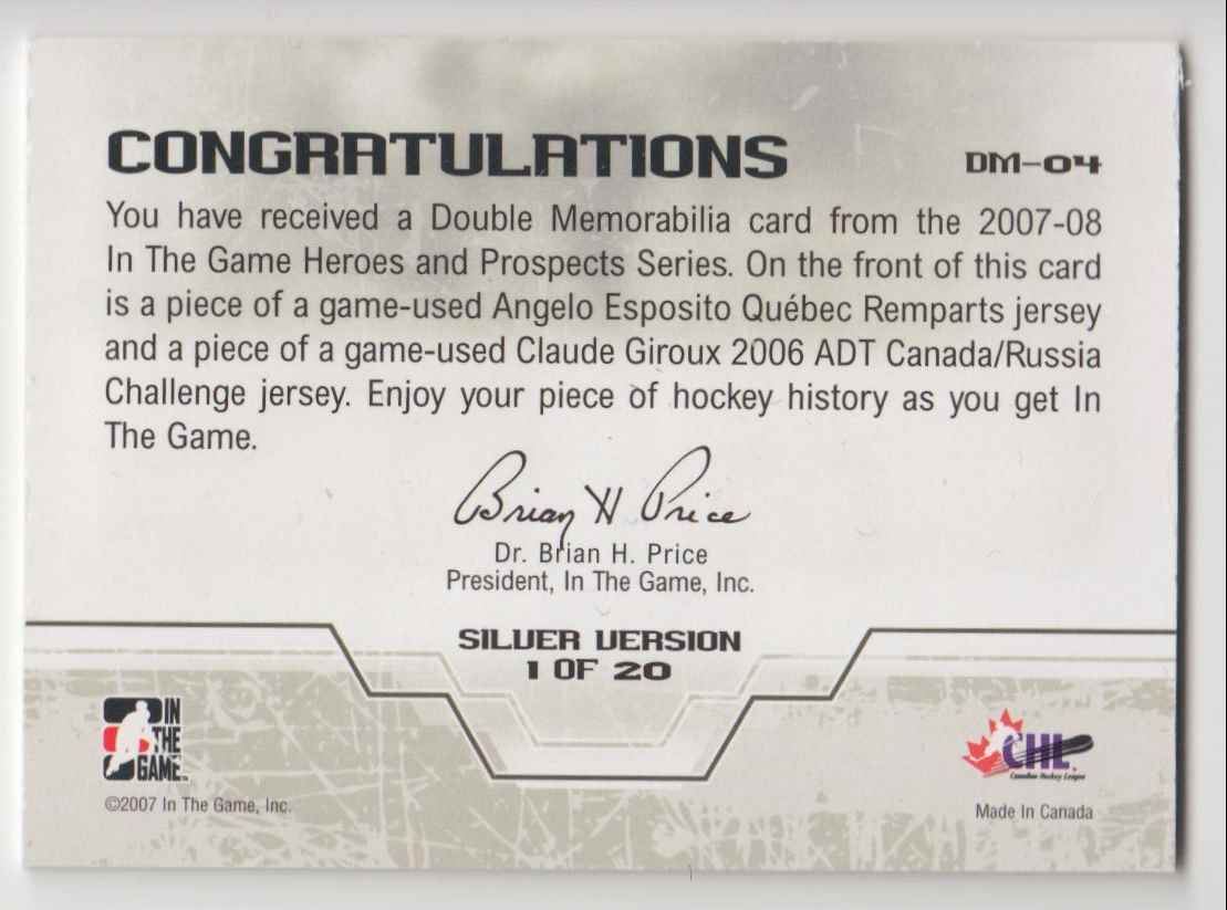 2007-08 In The Game Heroes and Prospects Double Memorabilia Angelo Esposito/Claude Giroux #DM04 card back image