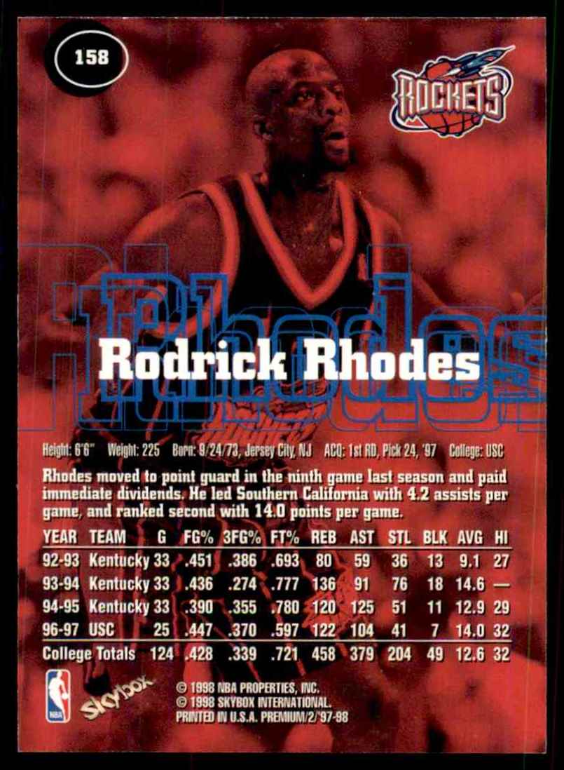 1997-98 SkyBox Premium Rodrick Rhodes #158 card back image