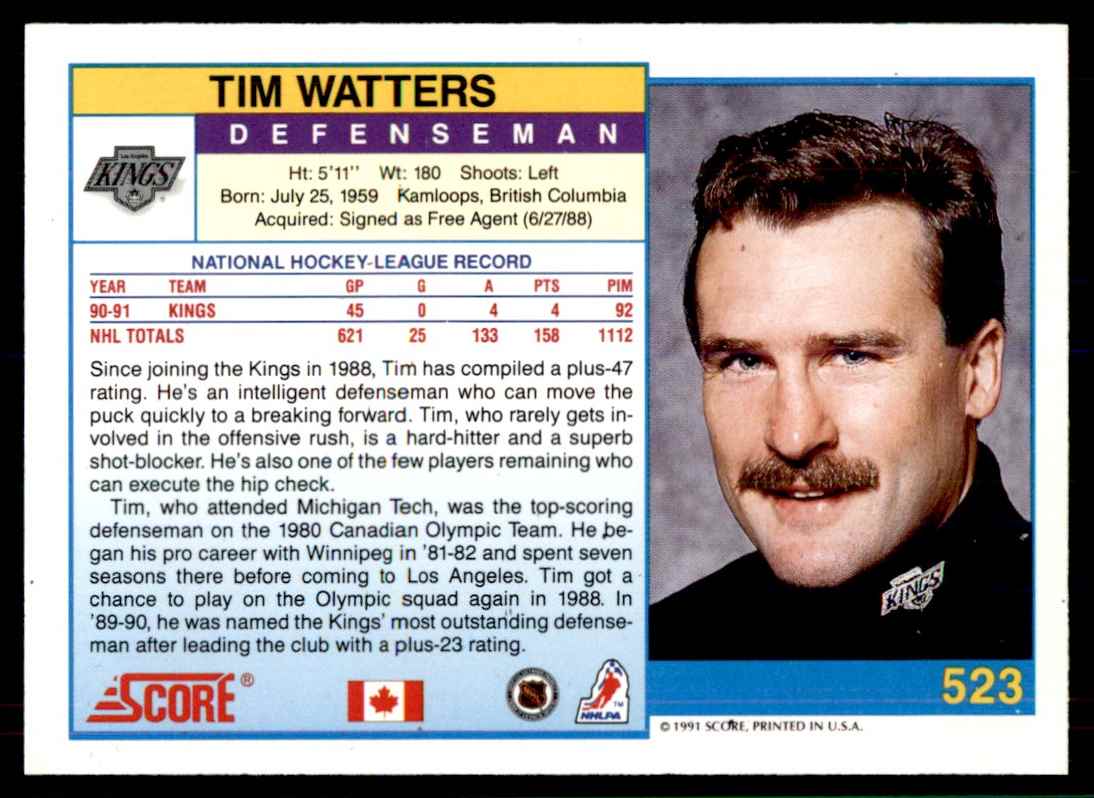1991-92 Score Canadian Tim Watters #523 card back image