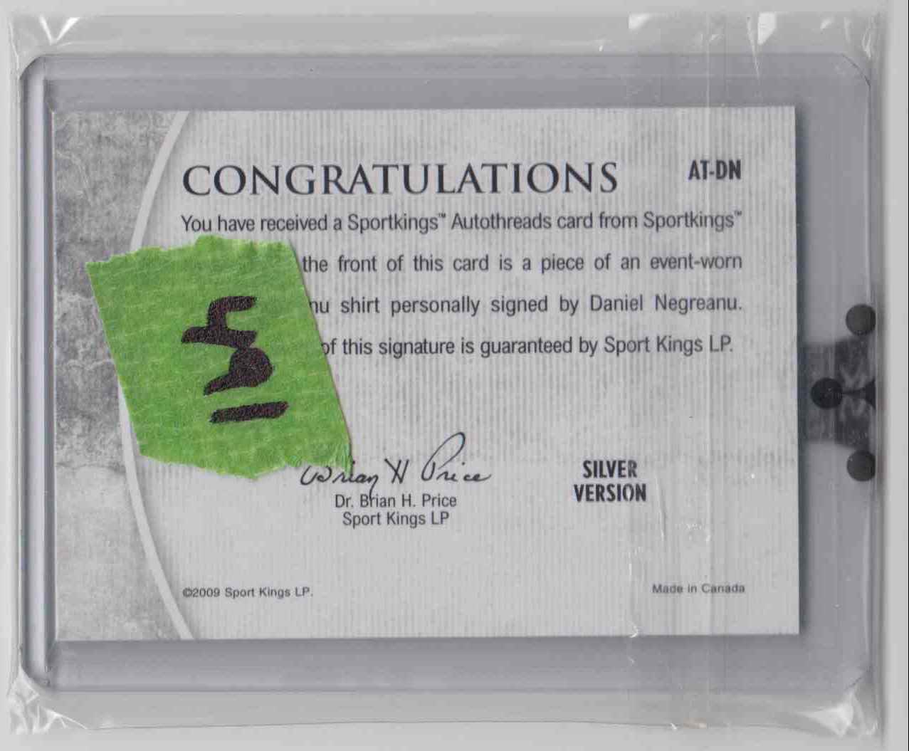 2009 Sportkings Series C Autothreads Silver Version /9 Daniel Negreanu #AT-DN card back image