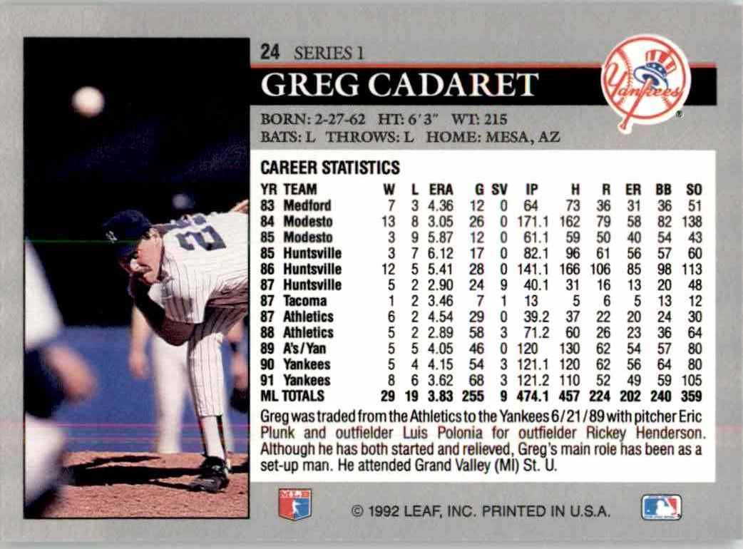 1992 Leaf Series 1 You Tube 15 Greg Cadaret #24 card back image