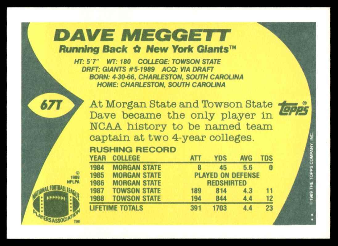 1989 Topps Traded Dave Meggett #67T card back image