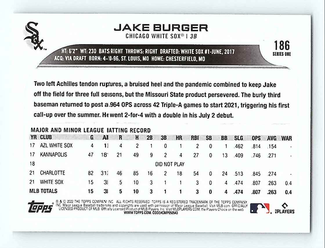 2022 Topps Jake Burger #186 card back image