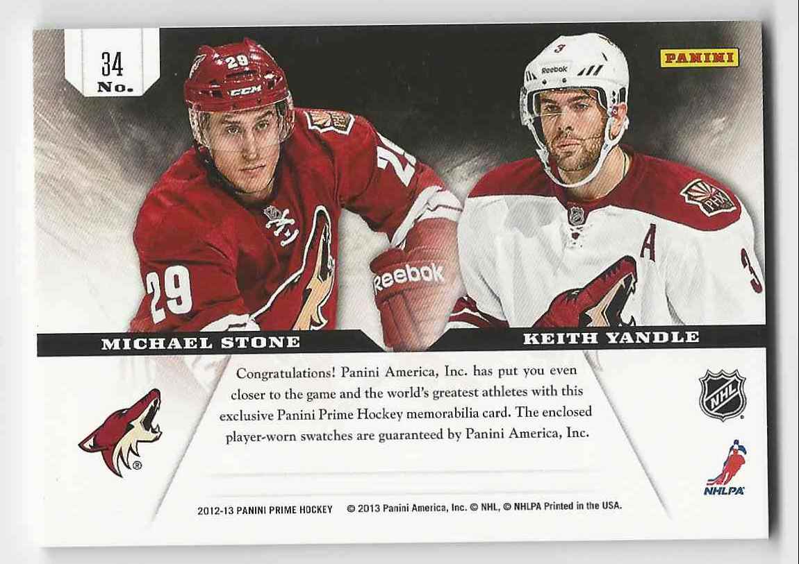 2012-13 Panini Prime Dual Jerseys Michael Stone Keith Yandle #34 card back image