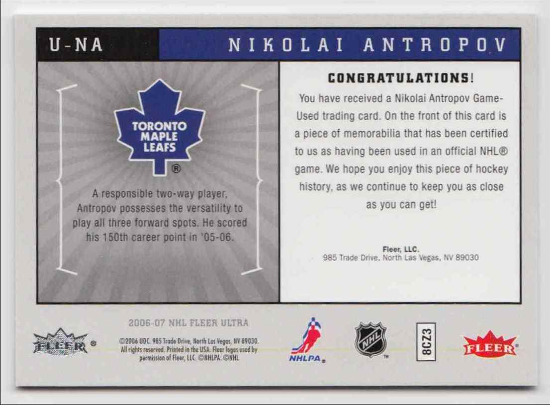 2006-07 Ultra Uniformity Jersey Nikolai Antropov #U-NA card back image