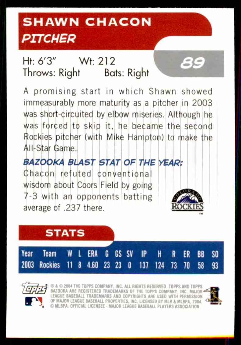 2004 Bazooka Shawn Chacon #89 card back image