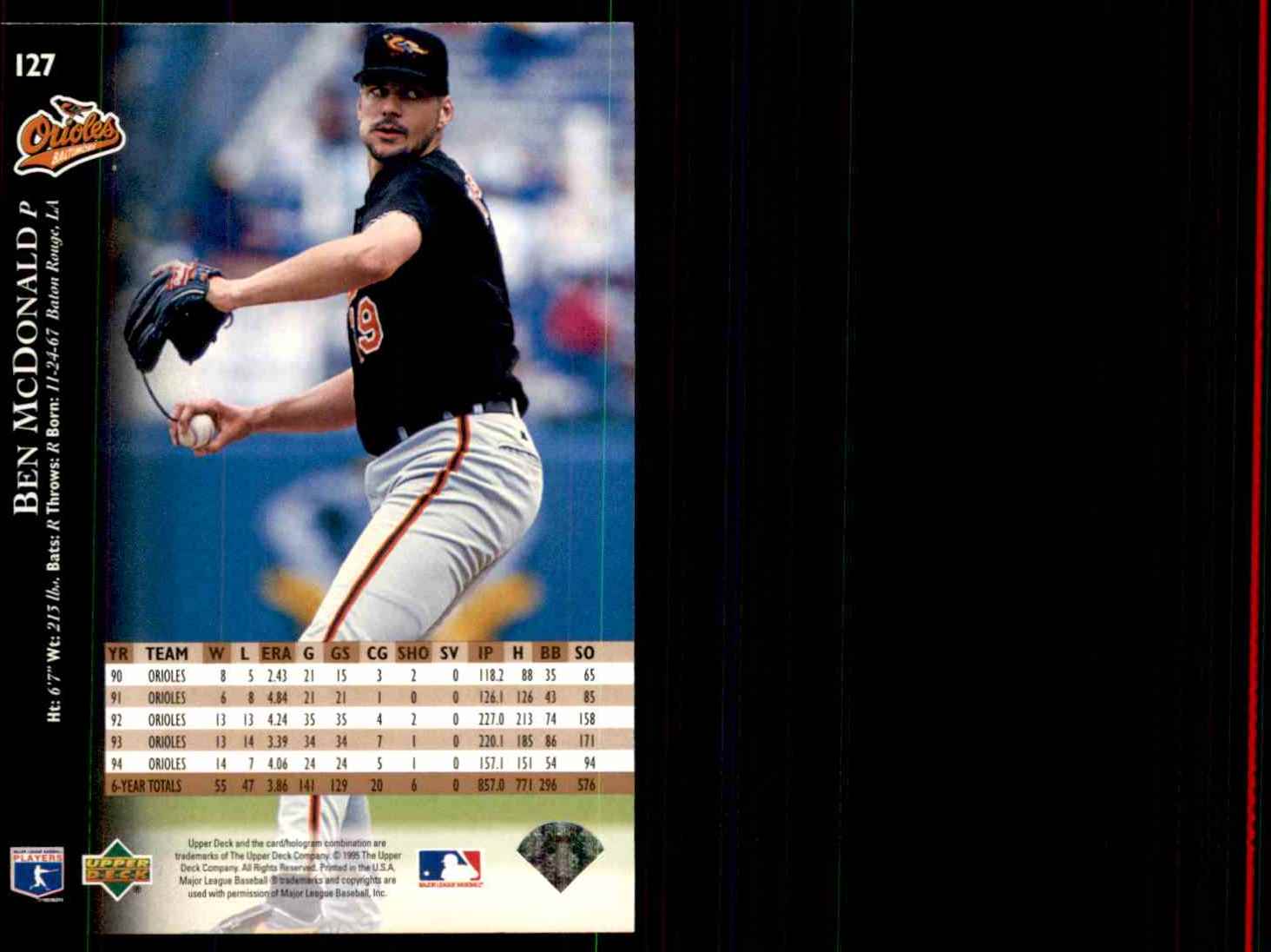 1995 Upper Deck Ben McDonald #127 card back image