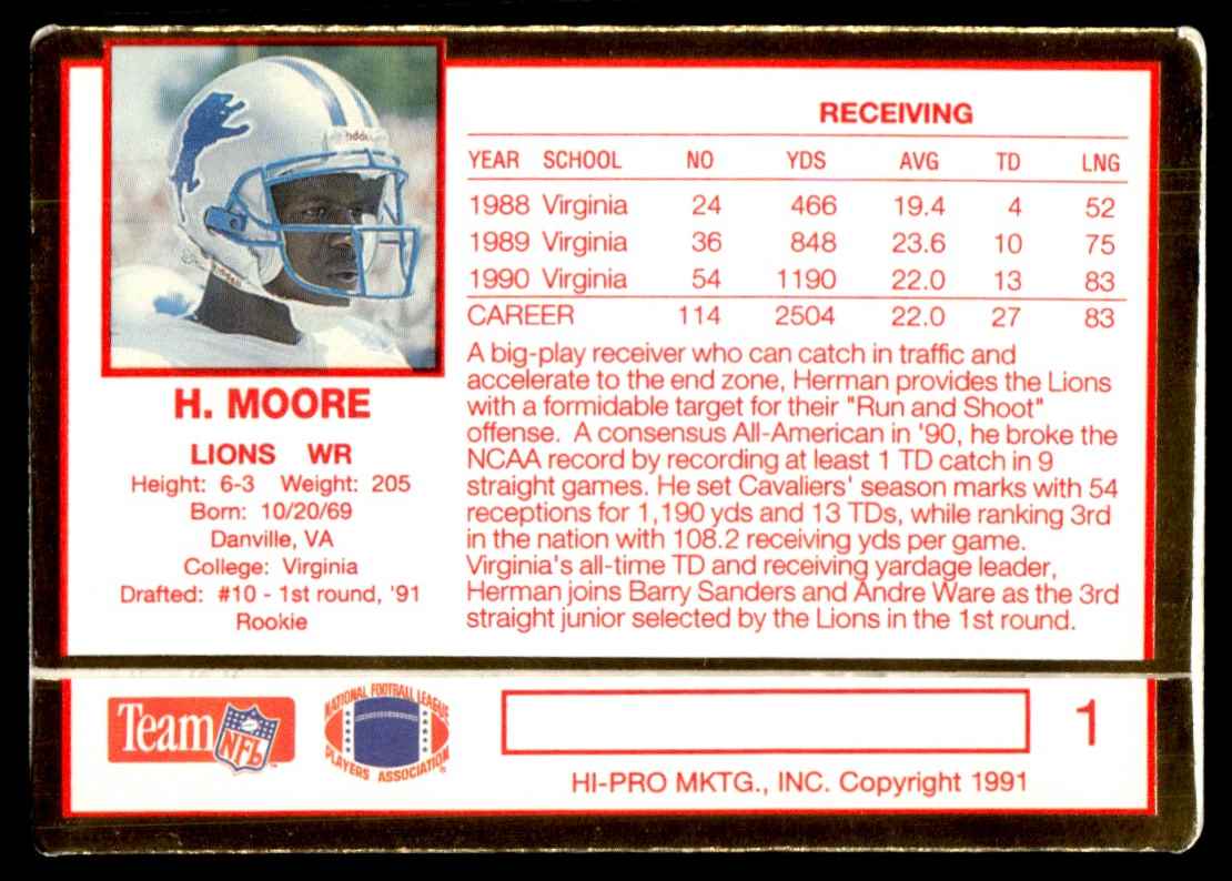 1991 Action Packed Rookie Update Herman Moore #1 card back image