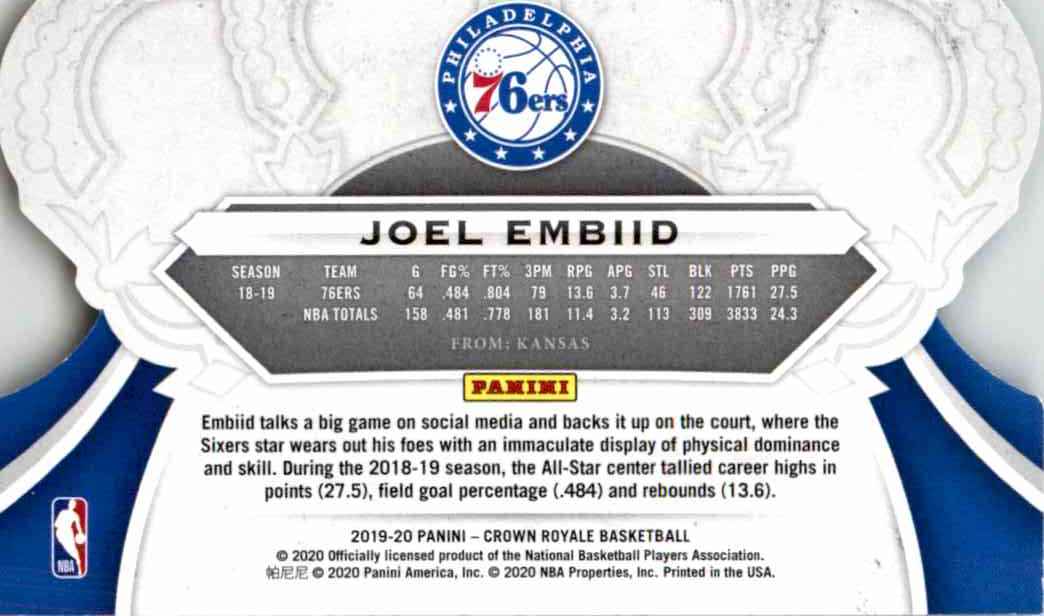 2019-20 Crown Royale Joel Embiid #52 card back image