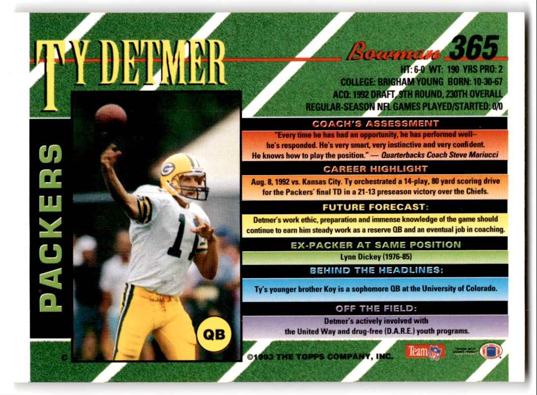 1993 Bowman Ty Detmer #365 card back image